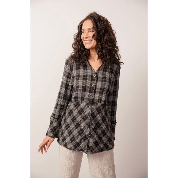 HABITAT | Black and White Plaid Gauze Button down Chunky Sleeve Top Extra Small - Picture 3 of 8